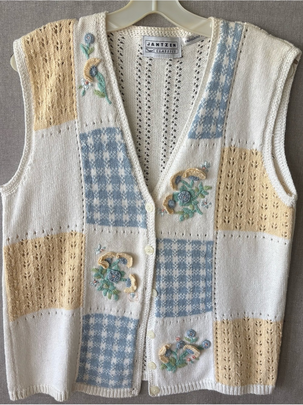 Jantzen Cream, Light Blue & Pale Yellow Patchwork Knit Vest
